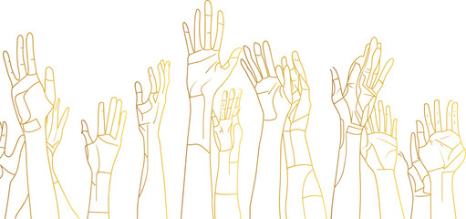 Raised Hands Uniting in Support, line art vector, Hand-Drawn Illustration for National Breast Cancer Awareness Month, Healthcare Awareness, multitude hands raised, many people, hands, cancer, 