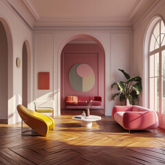Modern classic bright living room interior. Hardwood floor, abstract painting on the wall, trendy pink sofa, olive armchair, coffee table, indoor plant, large windows.