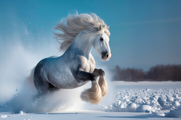 white Friesian stallion galloping field.