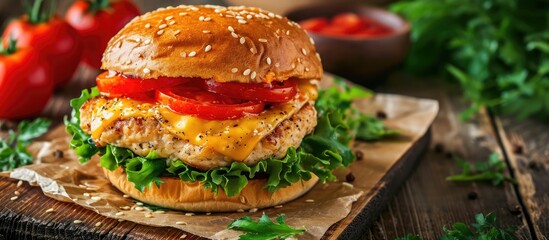 Chicken burger sandwich with tomatoes, cheese, and lettuce.