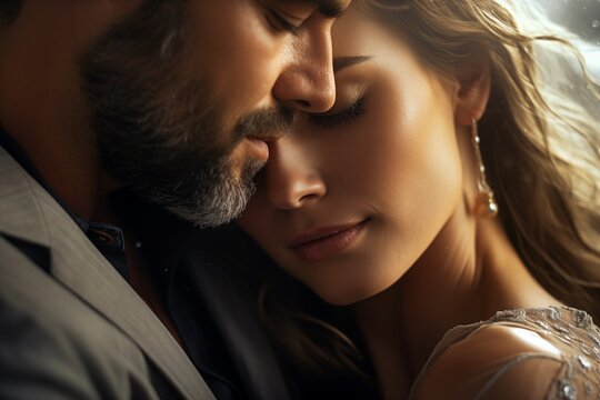 Close up tender touch and hug or embrace of a couple with eyes closed on Saint Valentine's day - Powered by Adobe