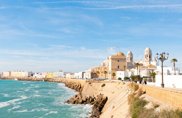 Beautiful view at day of the cathedral of Cadiz called cathedral de Santa Cruz with its 2 towers...