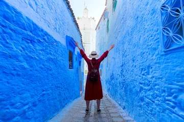 Rolgordijnen Chefchaouen town in Morocco, known as the Blue Pearl, famous for its striking blue color painted medina buildings and streets, creating a unique and magical atmosphere. © minoandriani