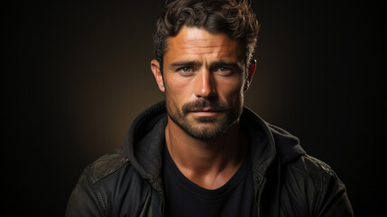 Obraz premium Portrait of good-looking and attractive man looking at the camera and wearing black clothes. Handsome Caucasian guy with light green eyes on dark background with copy space. Attractive male model