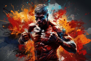Muscular athlete boxer in fighting stance against a backdrop of vibrant paint splashes - obrazy, fototapety, plakaty
