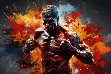 Fotobehang Muscular athlete boxer in fighting stance against a backdrop of vibrant paint splashes © Luiri Art