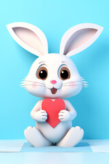 smiling 3D illustration of rabbit holding a red heart on blue background
