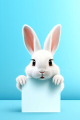 white easter rabbit holding a blank sign with hands on blue background