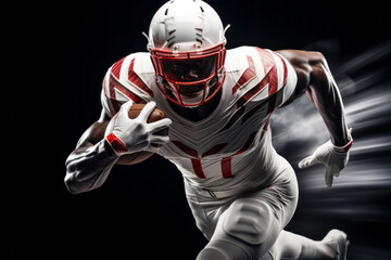 Portrait of American football player running with the ball. Muscular African American athlete in a white and red uniform with an ovoid ball in a dynamic pose. Isolated on black background.