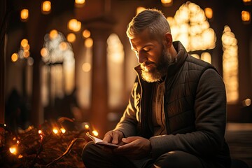 Muslim man reading Quran in Mosque at sunset or sunrise. Eastern religion and knowledge concept