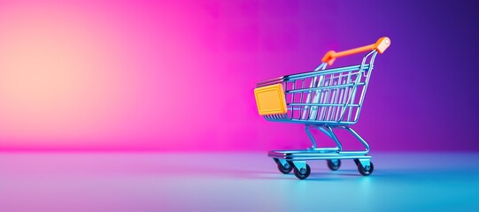 Generative AI, shopping cart on neon gradient background, 80s and 90s style, minimalistic shop online, free delivery, discounts and sale concept.