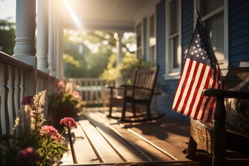 Charming traditional home with front porch decorated with the USA flag for the 4th of July