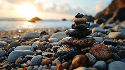 Zen-like images of stacked pebbles in a balanced formation, symbolizing tranquility and relaxation. [relaxation]