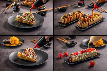 Pic collage of Fried Sushi Brazilian style. Shrimp and Salmon sushi dog. Four for 1.