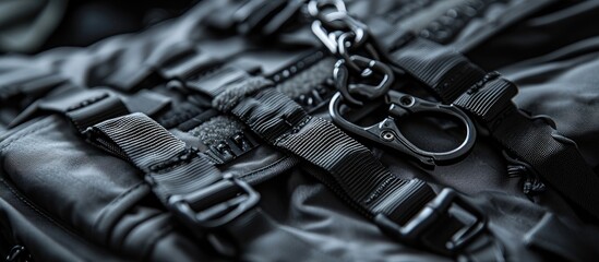 A big, black fabric harness with metal rings and plastic carabiners on a tactical backpack. - obrazy, fototapety, plakaty