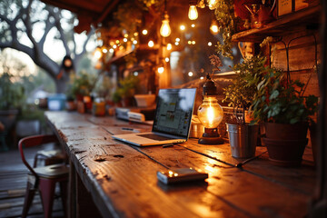 Rustic outdoor workspace with laptop on a wooden table, surrounded by warm string lights and green plants in the evening. - obrazy, fototapety, plakaty