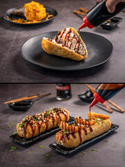 Pic collage of Fried Sushi Brazilian style. Sushinha and Strawberry sushi dog. Two for 1.