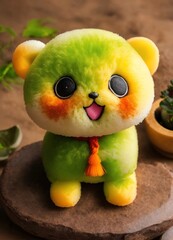 mochi, green Japanese rice flour cake with red tie in the form of a kitten in cartoon style with eyes for graphic design