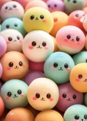 Mochi, cute colored Japanese pies in cartoon style with eyes for graphic design