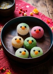 Mochi, cute Japanese pies in cartoon style with eyes for graphic design