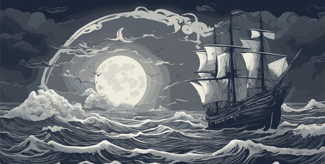the moon and ship on the sea - obrazy, fototapety, plakaty