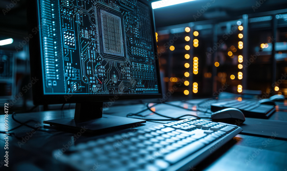 Poster computer monitor displaying intricate circuit board design for technology and electronics concept