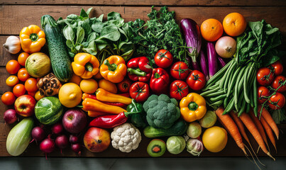 Assorted Fresh Vegetables and Fruits Colorfully Displayed on a Wooden Surface, Symbolizing Healthy Eating
