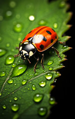 Fototapeta premium Ladybug on a green leaf with dew drops, a symbol of good luck and the beauty of nature's details