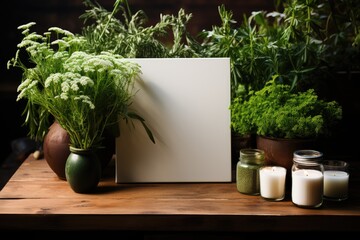 A notebook with a white blank sheet on wooden table among green plants. Template for greetings. Eco friendly natural background. Mock up. Copy space