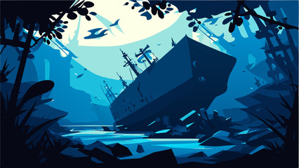 Underwater shipwreck vektor icon illustation - obrazy, fototapety, plakaty