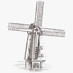 Mill vector illustration. Mill vintage hand drawing. Country mill in engraving style