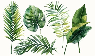 Verdant Vibrance: Tropical Watercolor Leaves - obrazy, fototapety, plakaty