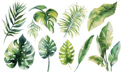 Verdant Vibrance: Tropical Watercolor Leaves - obrazy, fototapety, plakaty