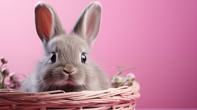 Grauer Hase Osterhase sitzt im Korb vor rosa Hintergrund