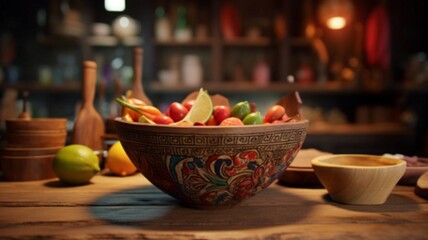 visually striking scene with a wooden bowl, detailed carvings, and a dynamic color scheme set against a blurred kitchen background