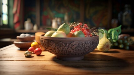 visually striking scene with a wooden bowl, detailed carvings, and a dynamic color scheme set against a blurred kitchen background