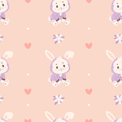 Seamless pattern with cute animal bunny with pajamas. Vector illustration for design, wallpaper, packaging, textile. Kids collection in pastel colors.
