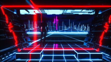 metaverse a neon colored digital world (3d rendering)