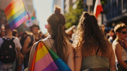 LGBT pride. Happy female couple at the LGBT parade. Freedom of love and diversity