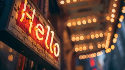 A classic cinema marquee with "Hello" in bold, retro letters, signboard, blurred background, with copy space