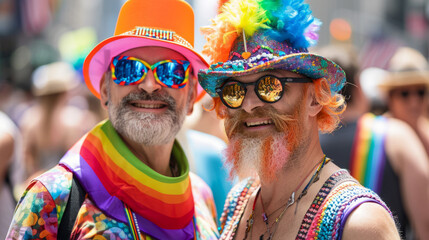 LGBT pride. Happy elderly male couple at the LGBT parade. Freedom of love and diversity