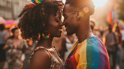 LGBT pride. Happy couple at the LGBT parade. Freedom of love and diversity - obrazy, fototapety, plakaty