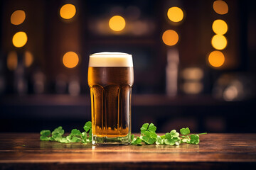 glass of beer on wooden background for St. Patrick's Day with copy space - obrazy, fototapety, plakaty