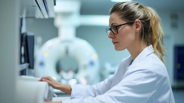 woman doctor looks at the X-ray in the hospital against the background of an MRI machine