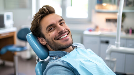 man with a snow-white smile sitting on a dentist's chair - obrazy, fototapety, plakaty