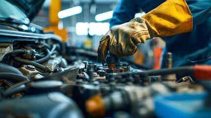 banner car mechanic hands repair a car engine at an auto repair station