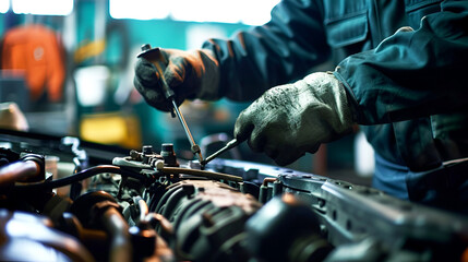 banner close-up car mechanic hands repair a car engine at an auto repair station