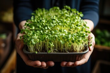 Growing sprouts of watercress salad in container, woman hand hold plastic box with Microgreens. Healthy food, healthy lifestyle. Seed Germination at home as fresh greens. - obrazy, fototapety, plakaty