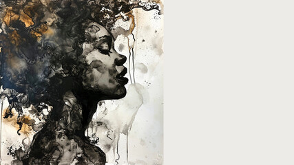 A Watercolor Painting of an African American Woman in Profile With Copy Space - obrazy, fototapety, plakaty