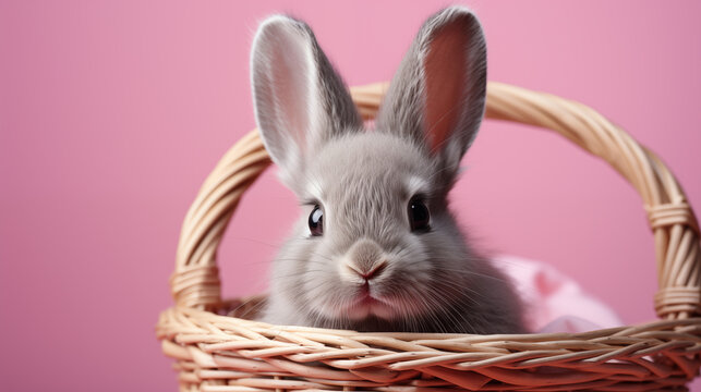 Grauer Hase Osterhase sitzt im Korb vor rosa Hintergrund